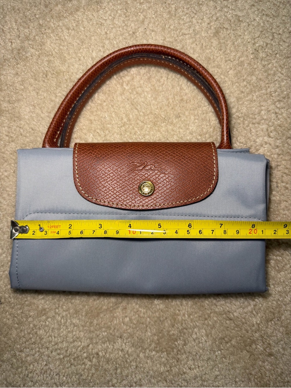 Longchamp Le Pliage Women's Tote Bag in Light Blue with Brown Trim - Picture 9 of 12